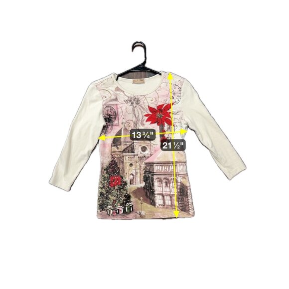 Blue Canyon Christmas Architecture 3/4 Sleeve Top Beige Red Sz Small Holiday - Picture 7 of 9